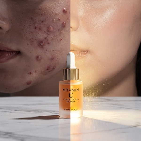 A high-contrast 1:1 image featuring a split-screen effect: one side showing skin with acne and the other showing clear, radiant skin after using a Vitamin C serum.